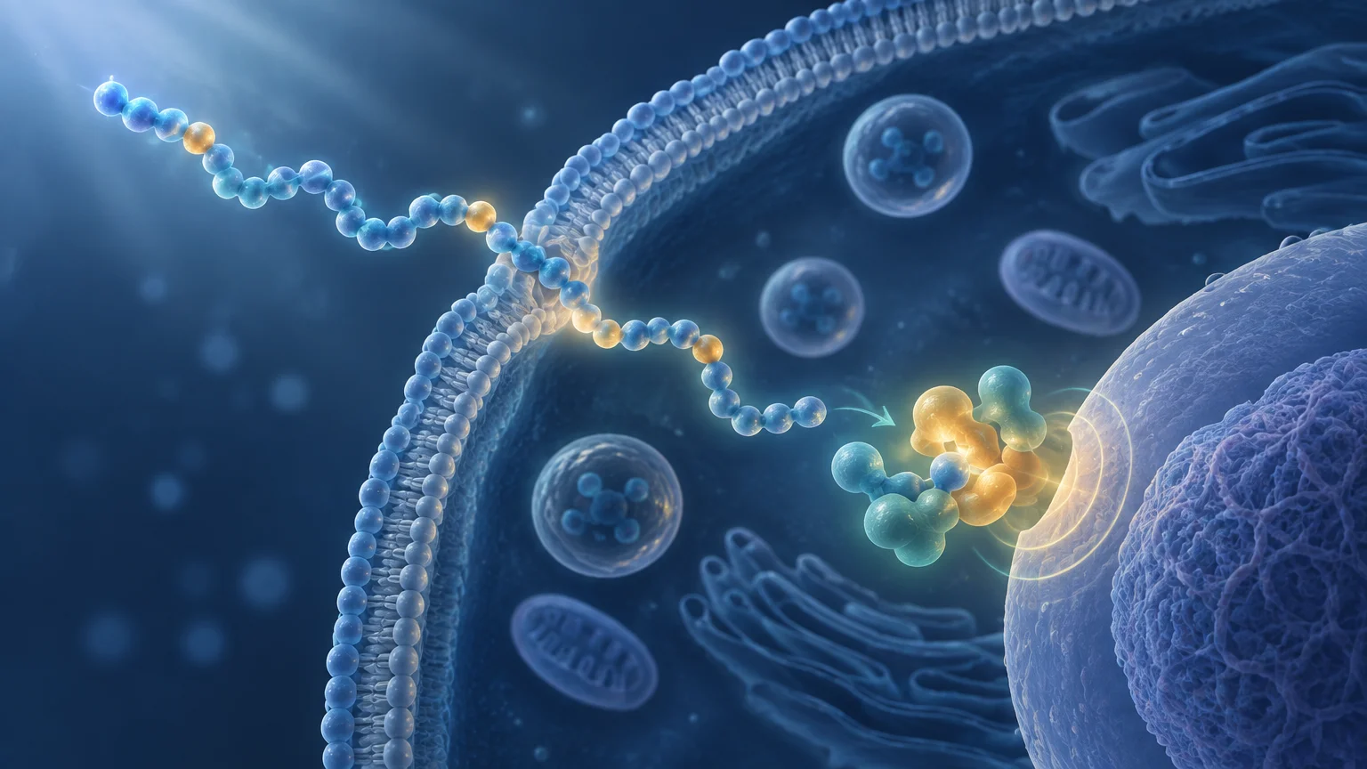 Blue-toned scientific illustration of a bead-like peptide chain crossing a curved cell membrane toward glowing linked molecular shapes beside a large cell interior, with vesicle-like and organelle-like forms in the background.