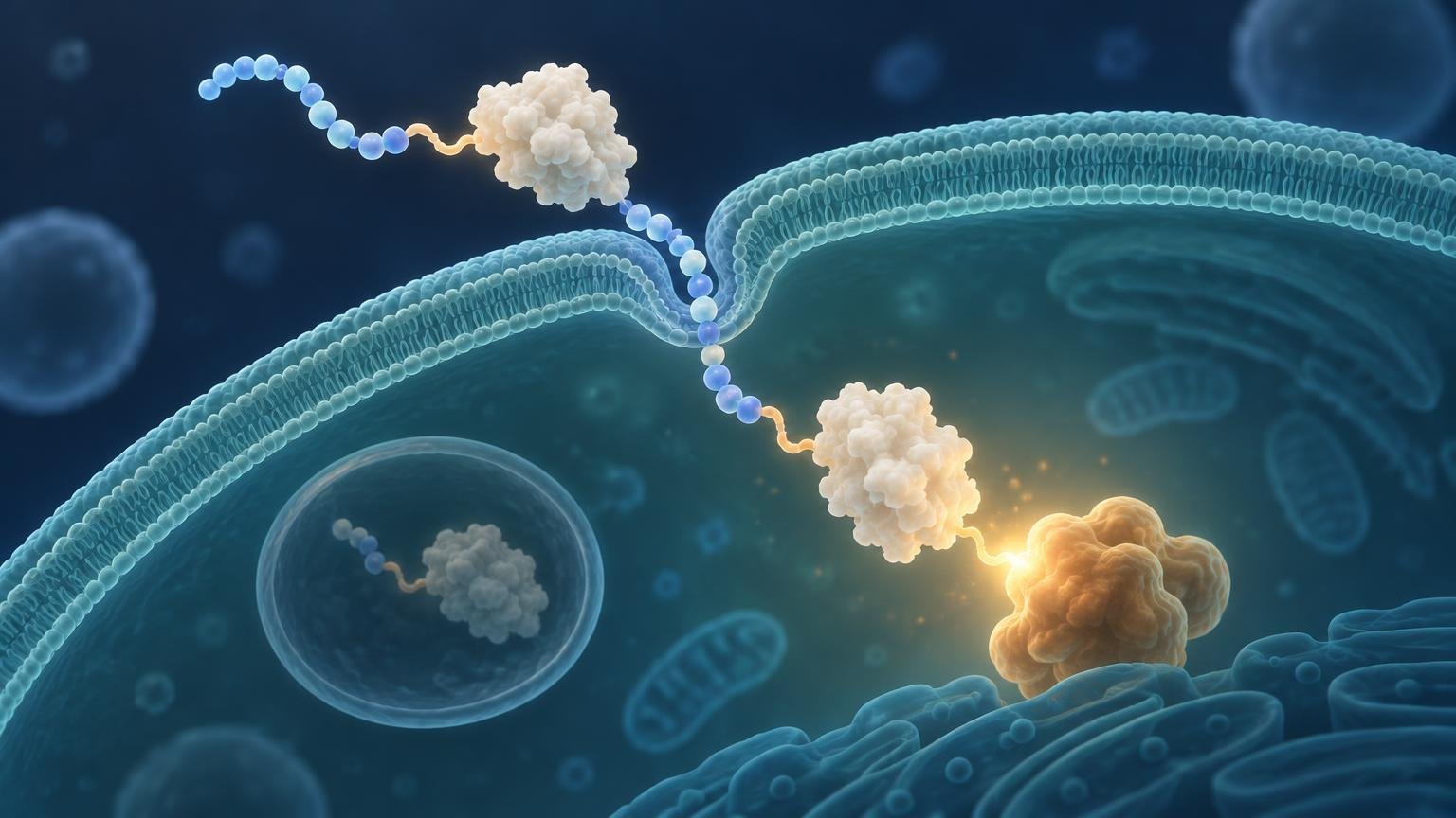 Stylized blue cell membrane with bead-like peptide chains linked to pale protein-shaped cargoes, shown crossing into a cell near a glowing intracellular target and a small vesicle.
