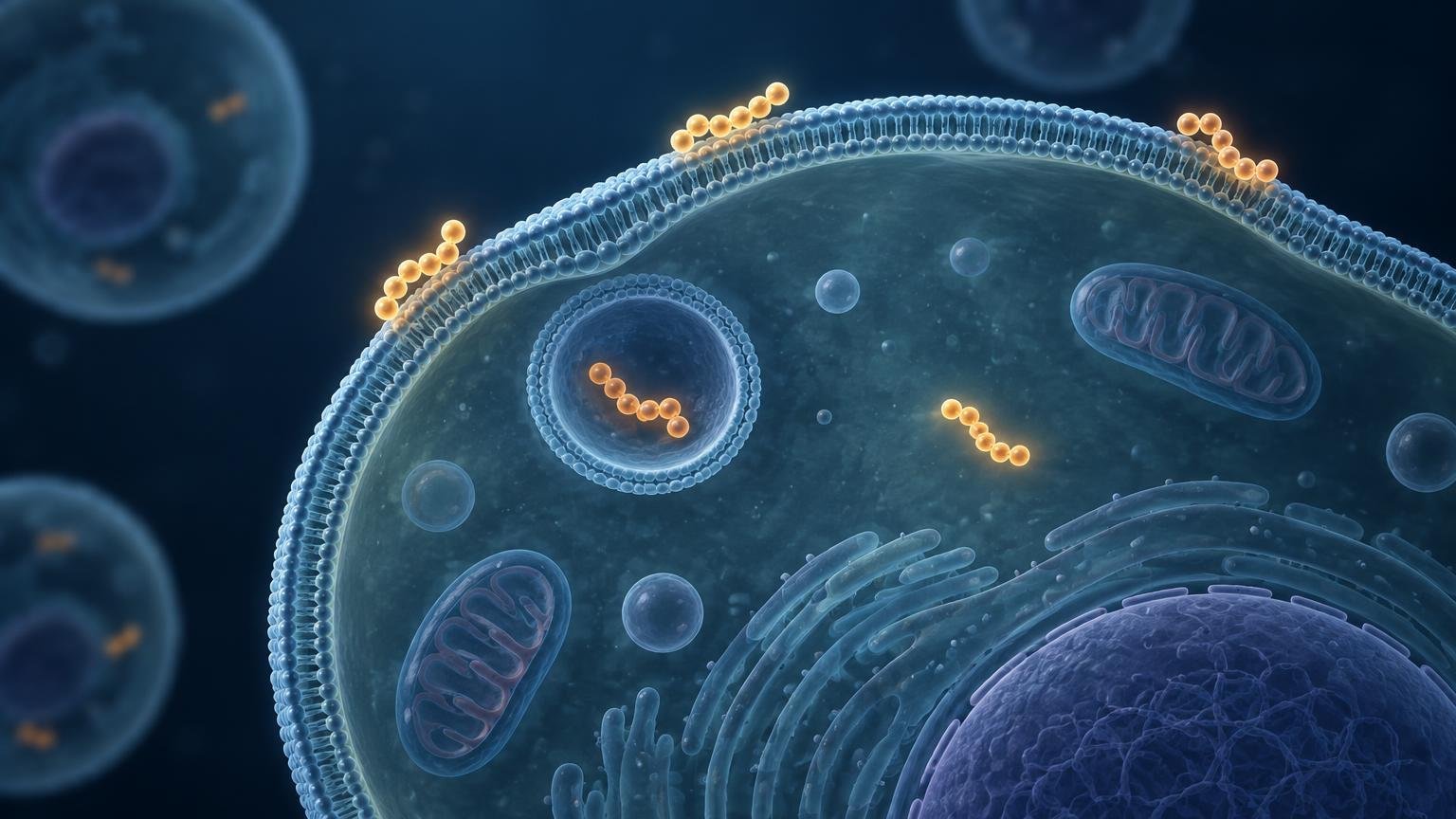 Stylized blue cross-section of a cell with a curved lipid membrane, glowing orange bead-like chains on the surface and inside, a membrane-bound vesicle, mitochondria, and a large purple nucleus.