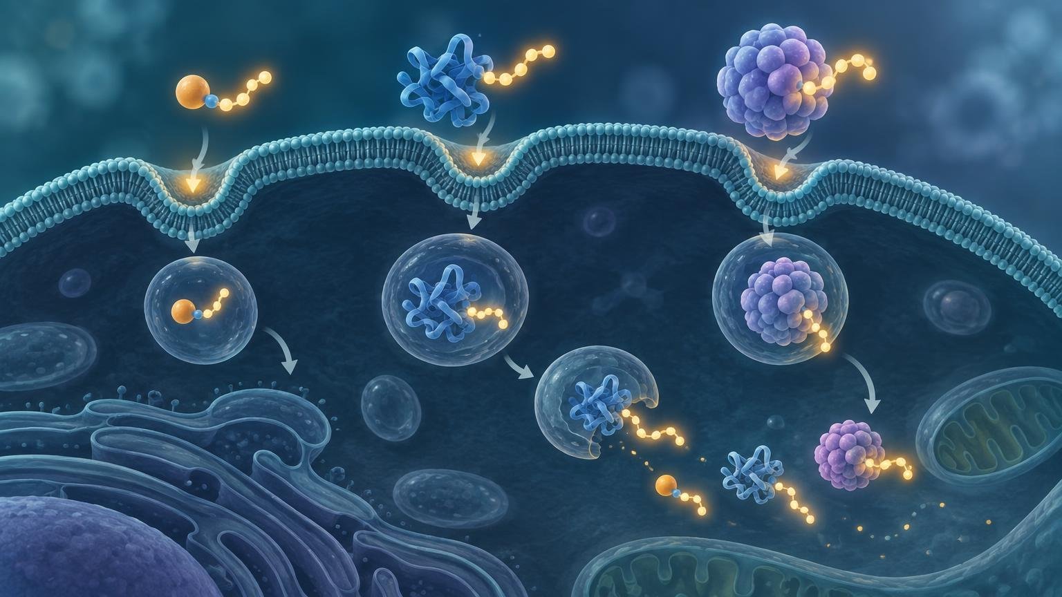 Stylized blue cell interior showing a curved lipid membrane, three differently sized peptide-linked cargo shapes entering in vesicles, and arrows tracing their intracellular release.