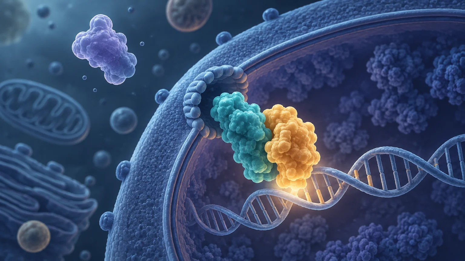 Stylized 3D illustration of two differently colored protein-like structures bound to a glowing DNA double helix near the edge of a cell nucleus, with soft-focus organelles in a blue cellular background.