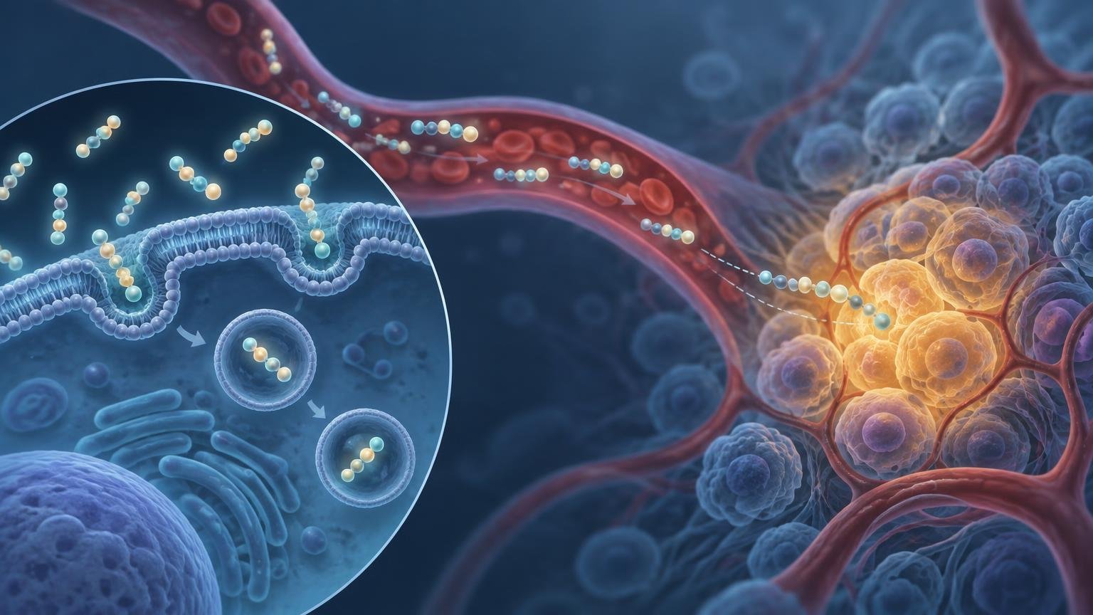 Stylized biomedical illustration showing bead-like peptide chains crossing a cell membrane into vesicles in a circular inset, alongside similar chains traveling through a blood vessel toward a glowing cluster of tissue cells.