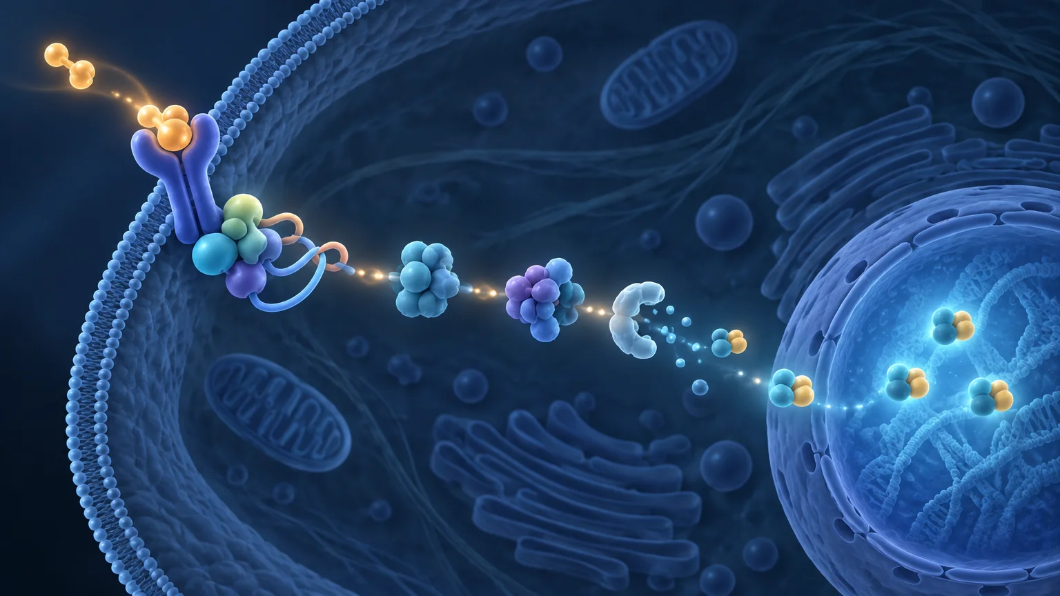 Blue-toned scientific illustration of a cell membrane receptor binding glowing orange molecules, with colorful protein-like clusters tracing a luminous path toward a large nucleus containing stylized DNA.