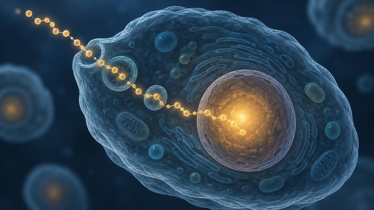 Blue-toned stylized animal cell with visible internal membranes and mitochondria, a large glowing nucleus, and a gold bead-like molecular chain entering from the upper left toward the nucleus.