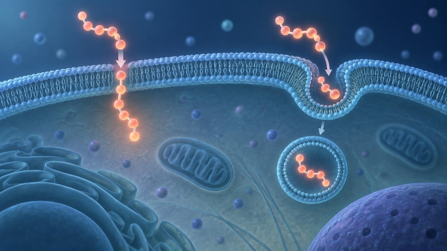Stylized blue cell membrane showing glowing orange peptide chains entering by direct passage on the left and through an inward-folding vesicle on the right, with simplified organelles inside the cell.