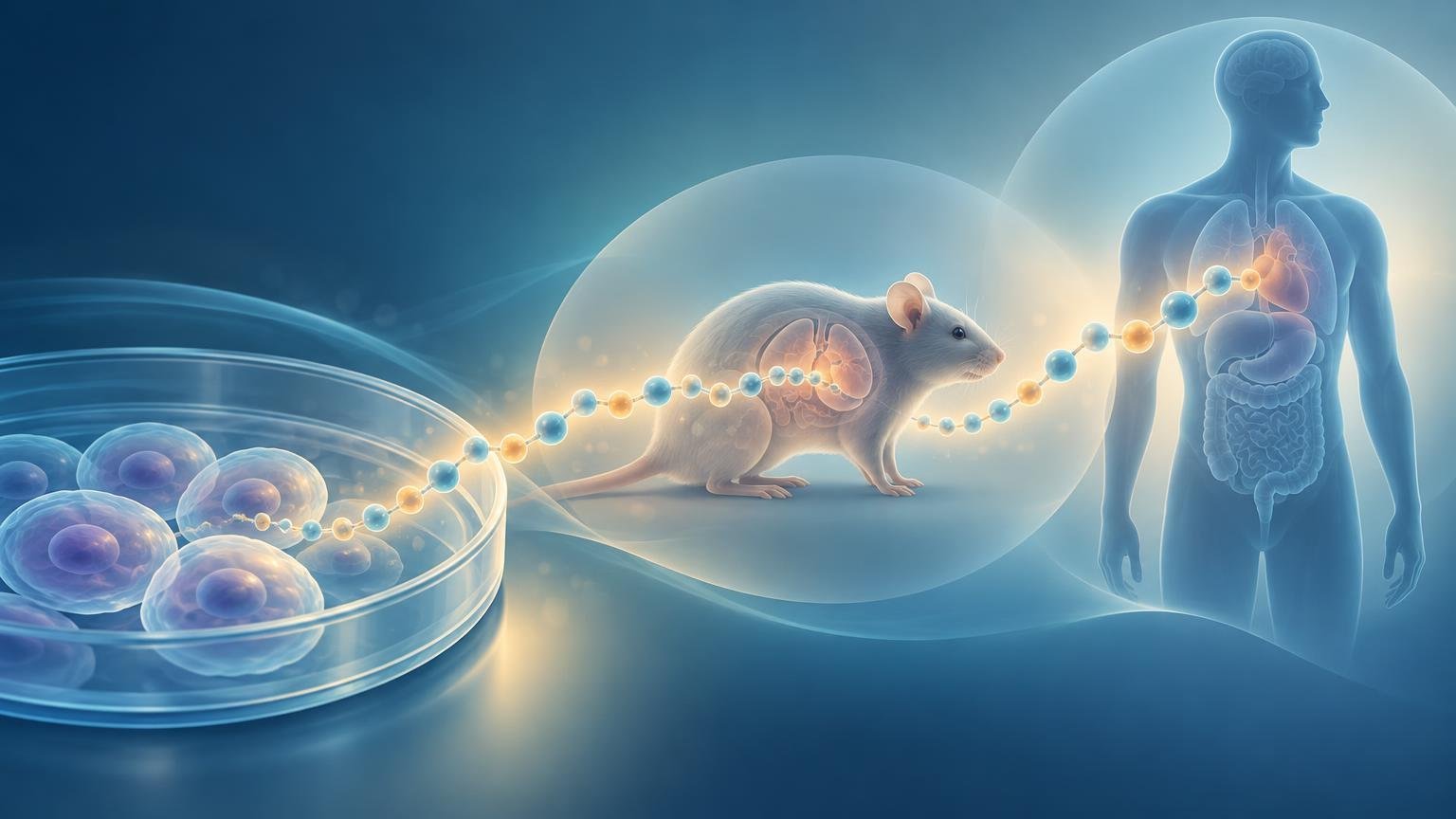 Blue-toned scientific illustration showing cultured cells in a petri dish, a laboratory mouse, and a translucent human figure connected by a glowing chain of colored molecular spheres.