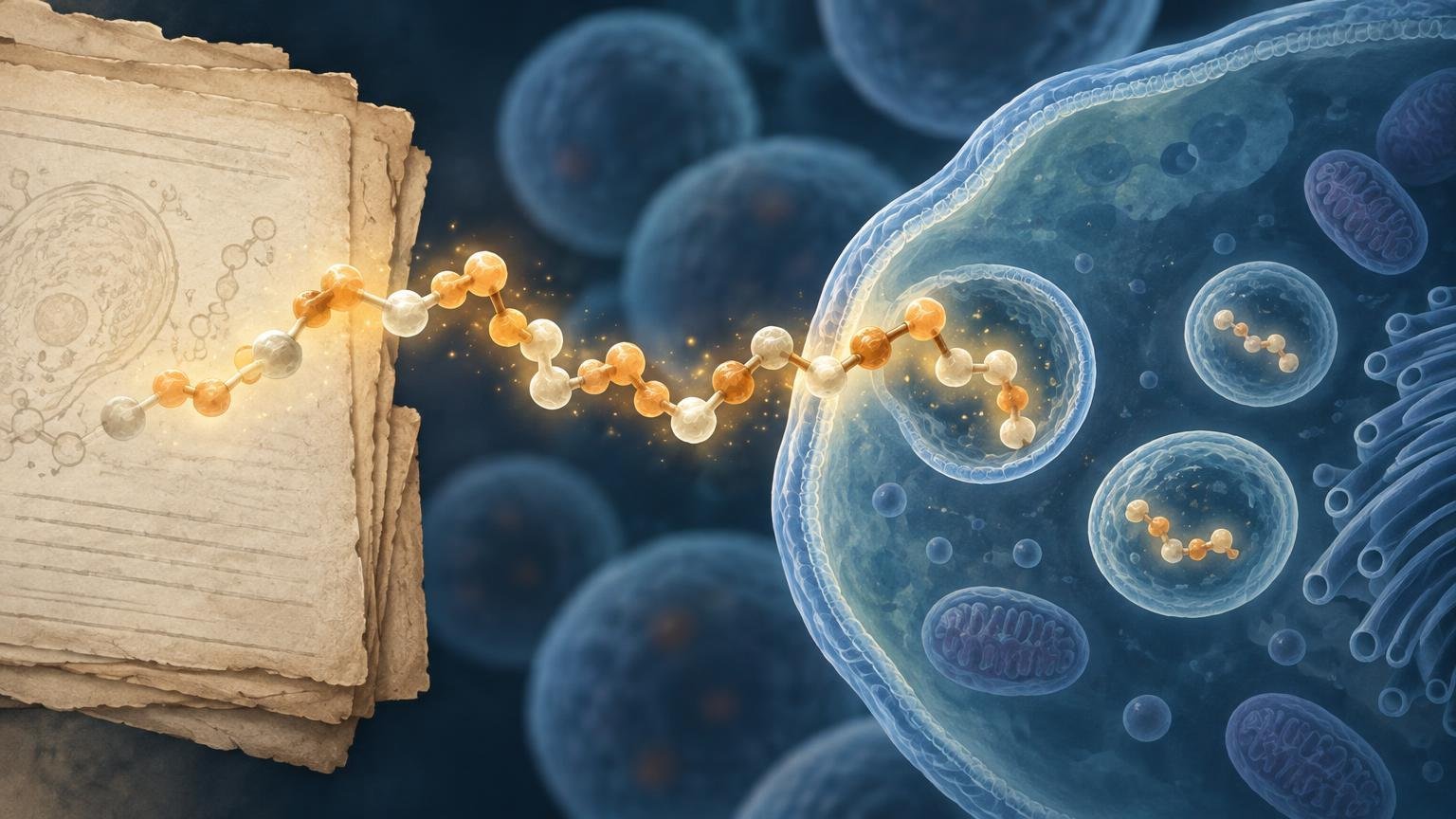 Editorial illustration of a glowing linked molecular chain extending from aged research papers into a large blue cell containing membrane-bound vesicles and mitochondria.