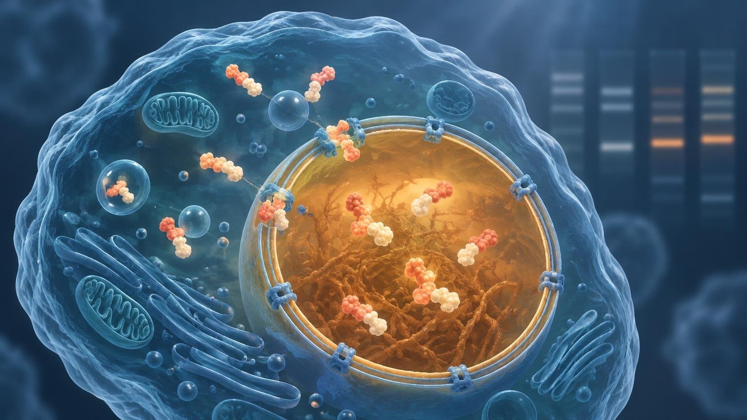 Stylized translucent blue cell with a glowing orange nucleus, simplified molecular clusters inside and outside the nucleus, and blurred gel-like band patterns in the background.